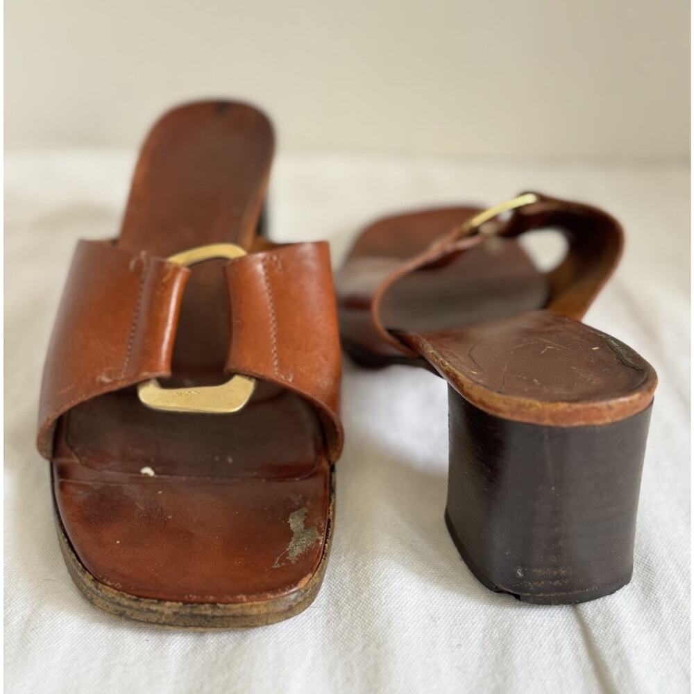 GUCCI Brown Leather Mule Block Heel Sandals Size 8.5 Goldtone Hardware